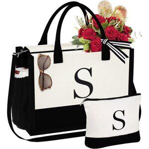 Mothers Day Gifts for Women - Initial Tote Bag & Makeup‎ Hand Bag for Moms
